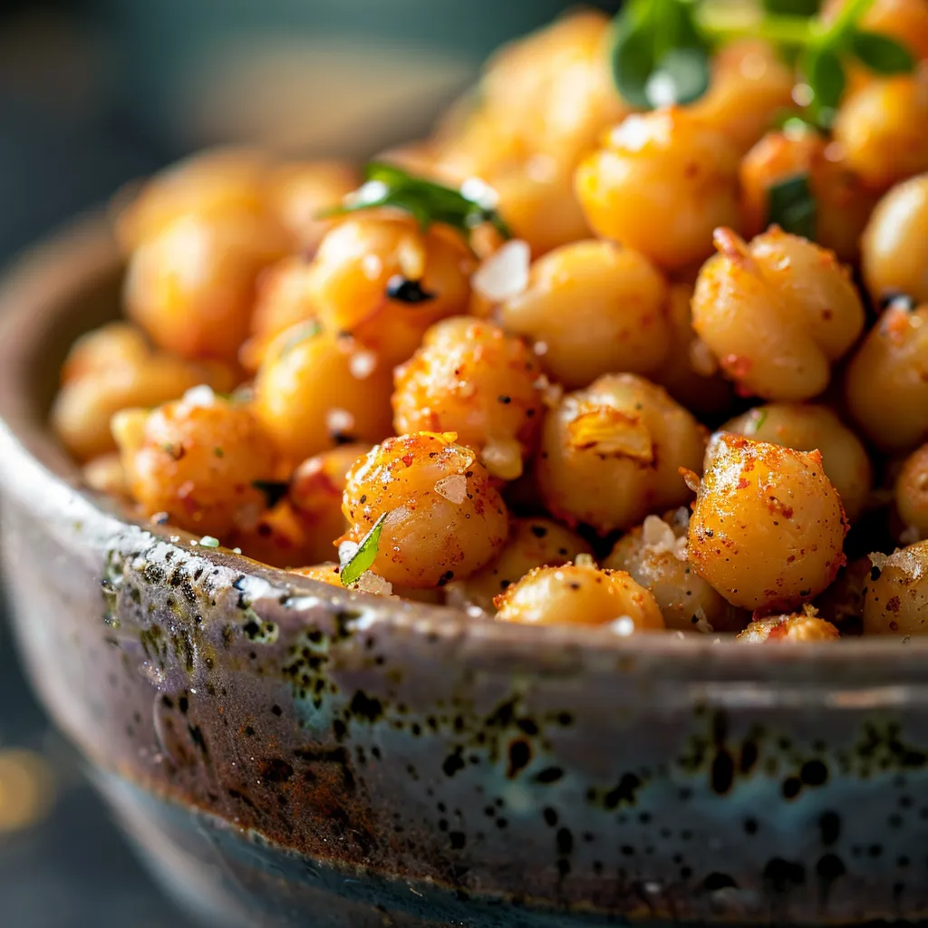 Eye-level view of crunchy chickpeas garnished with spices and highlighting their texture.
