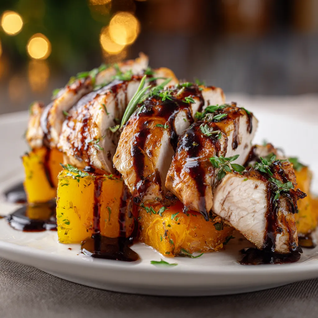 A warm and inviting image featuring maple-glazed chicken alongside vibrant orange sweet potatoes.