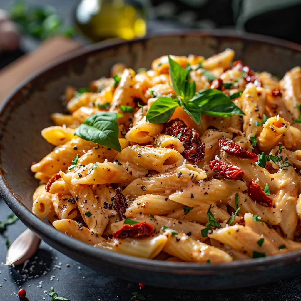 A bowl of sun-dried tomato vegan pasta garnished with basil, showcasing its creamy texture.