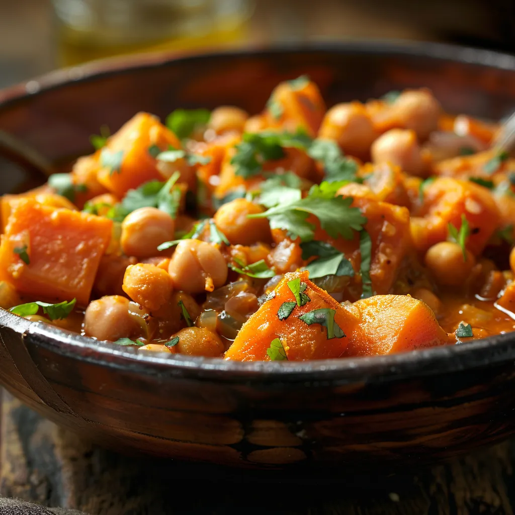 A delicious Sweet Potato and Chickpea Curry displayed in a deep dish, showcasing colorful ingredients and garnished with fresh cilantro.