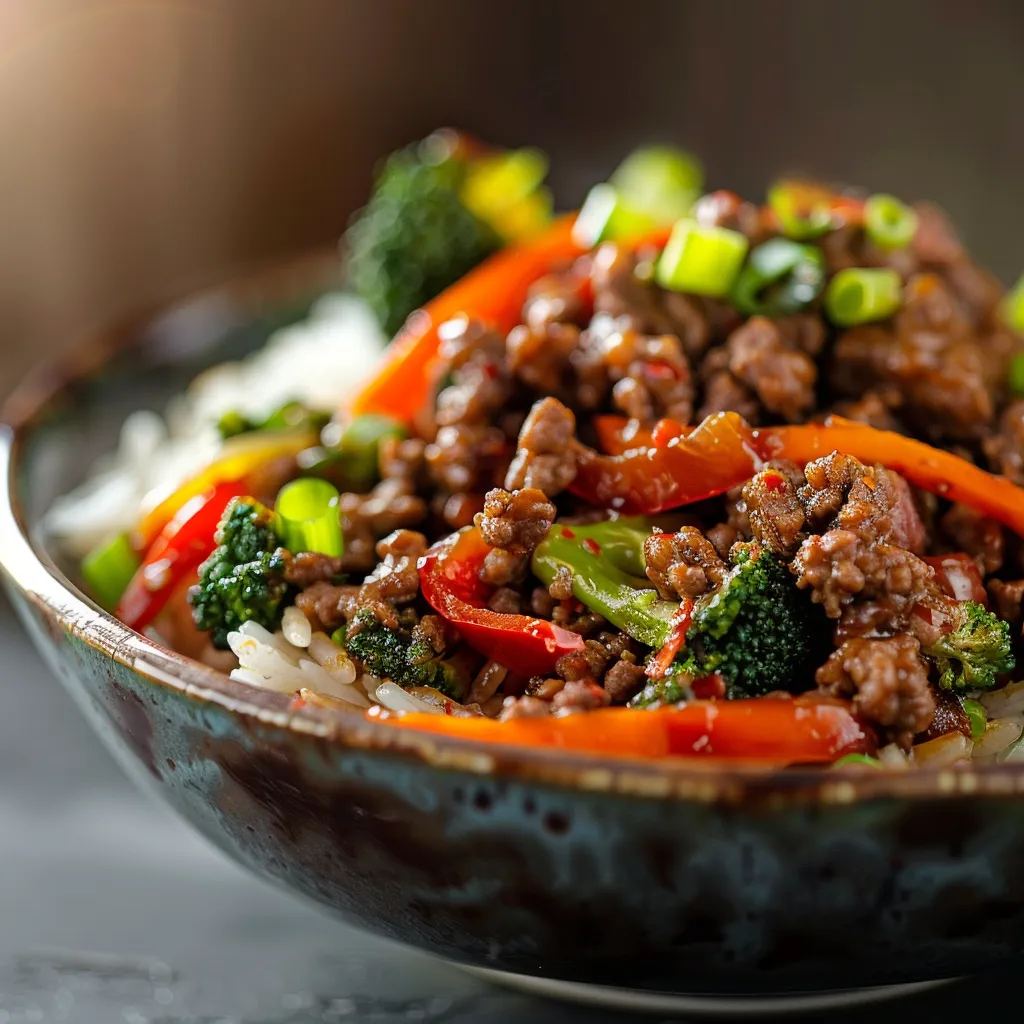 A vibrant Spicy Ground Beef Stir-Fry Bowl featuring garlic veggies and steamy rice.