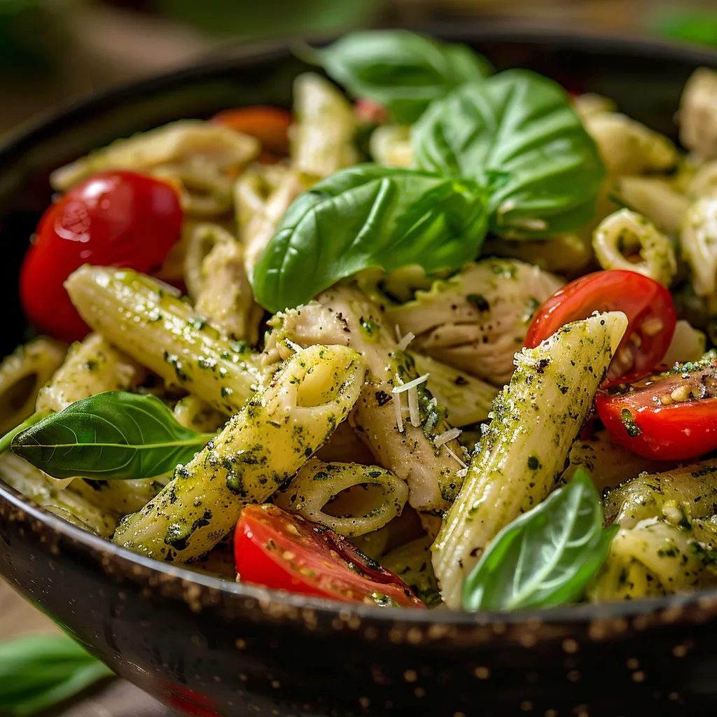 Colorful plate of Healthy Garlic Parmesan Chicken Pasta, showcasing chicken, pasta, and herbs.