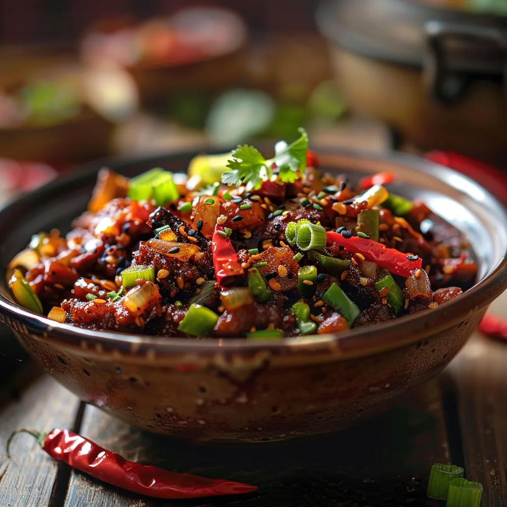 Detail shot of a vibrant spicy recipe, highlighted by natural side lighting and soft shadows.