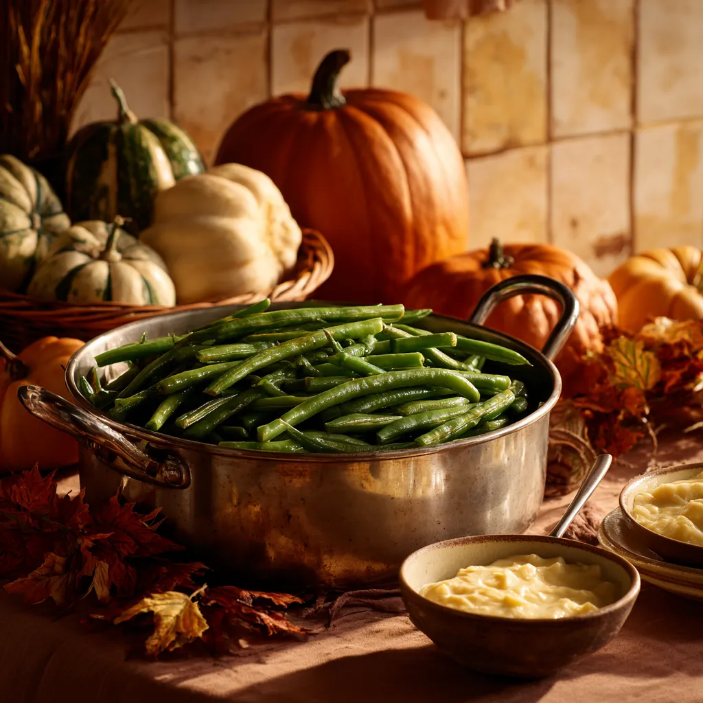 Bowl of green bean casserole featuring a rich sauce and cheese, garnished with onions.