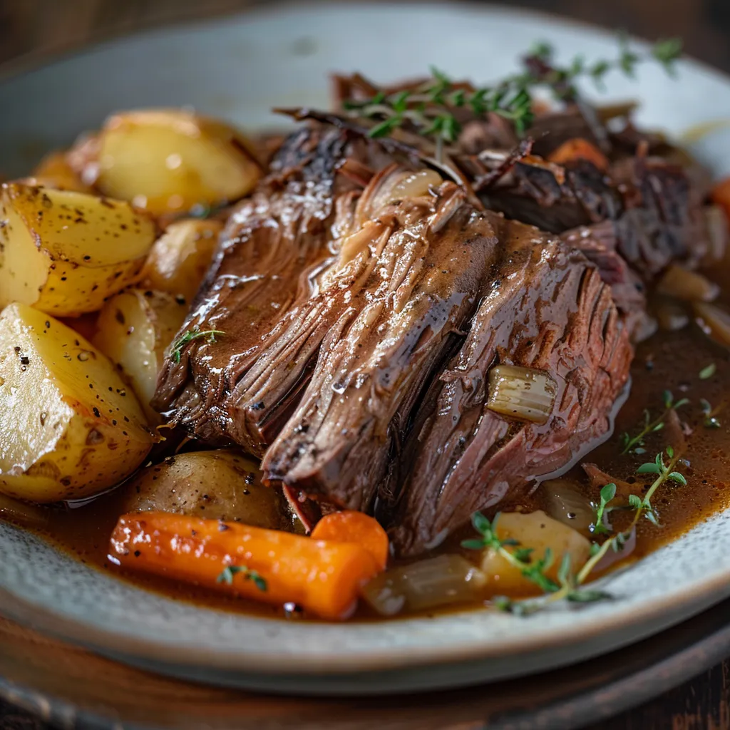Tender beef chuck roast with vegetables, beautifully arranged in warm lighting.