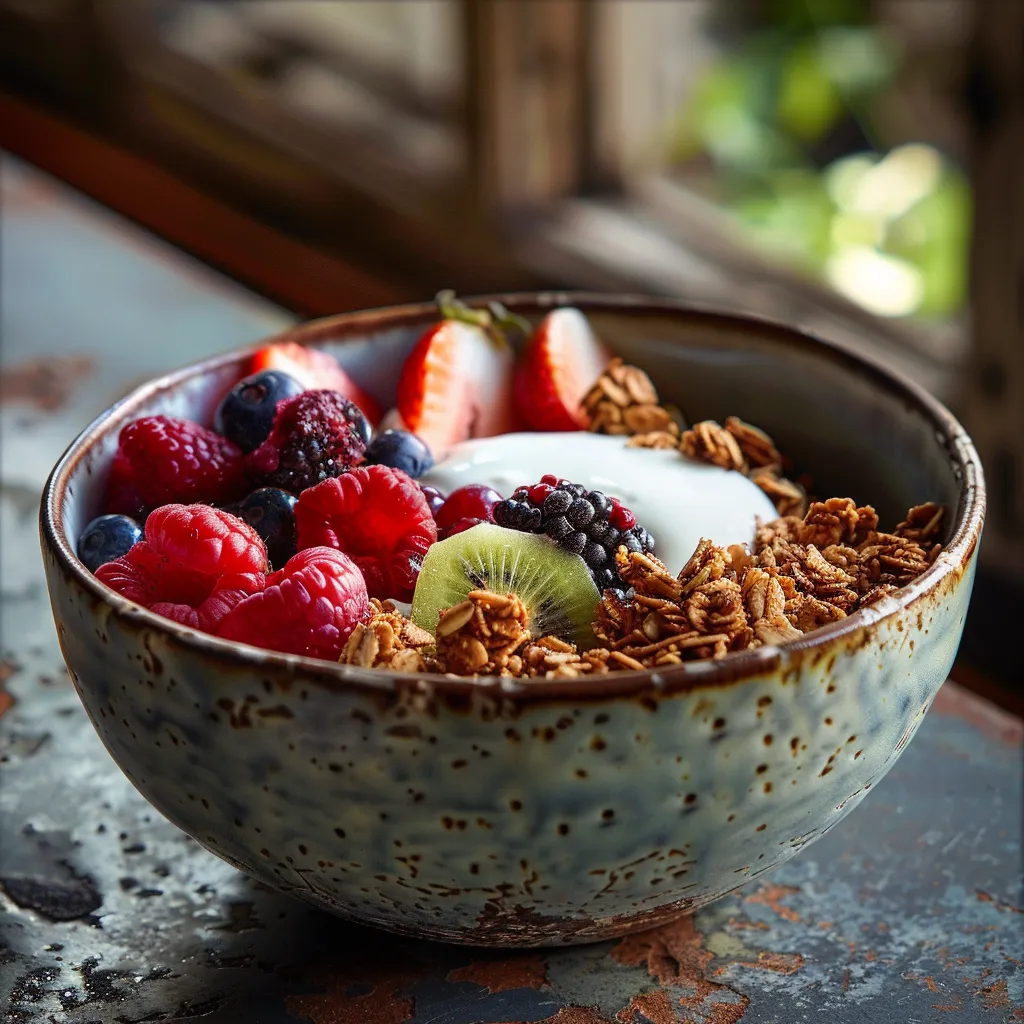 An attractive bowl of yogurt granola with mixed berries, banana slices, and nuts, illuminated by natural light.