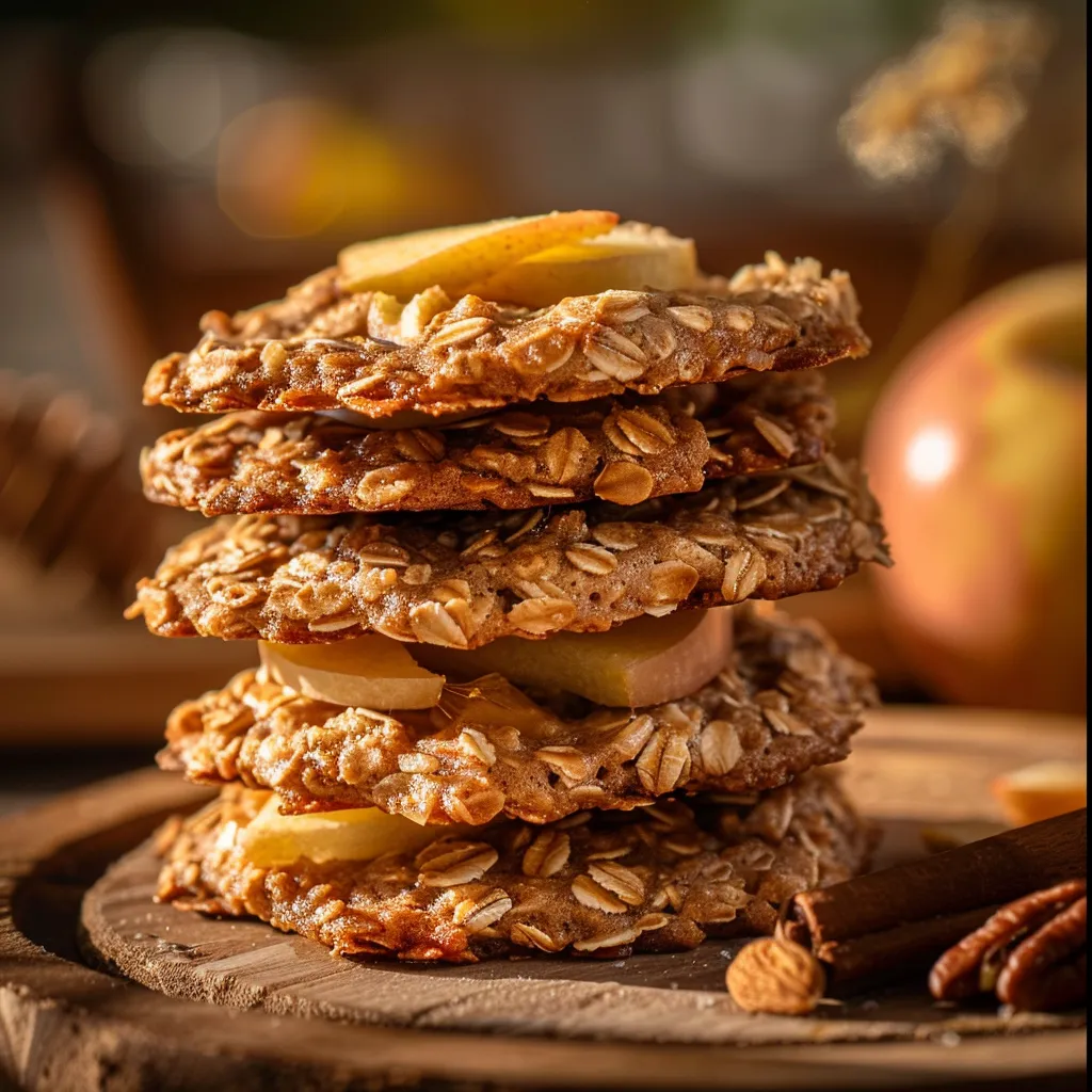 Deliciously baked oatmeal cookies with diced apples and a sprinkle of cinnamon on a wooden surface.