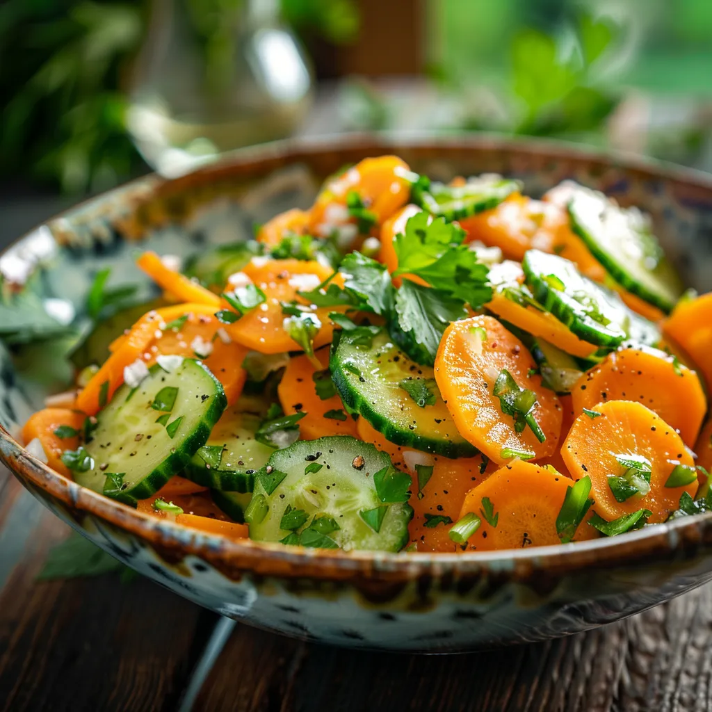 Eye-level shot of a salad featuring sliced cucumbers and carrots, garnished with parsley.
