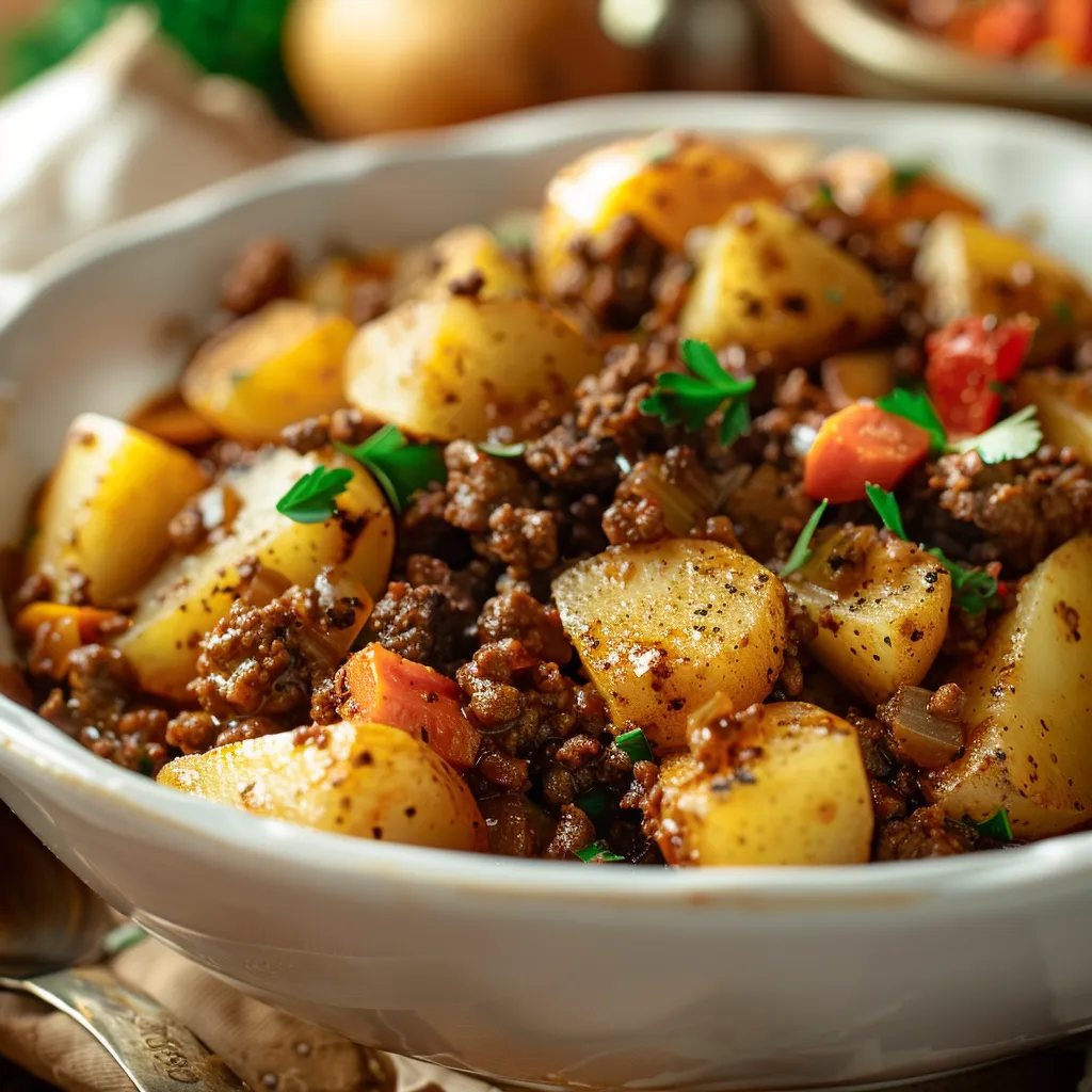A cozy, eye-level shot of a savory ground beef potato dish garnished with mixed vegetables and soft shadows.