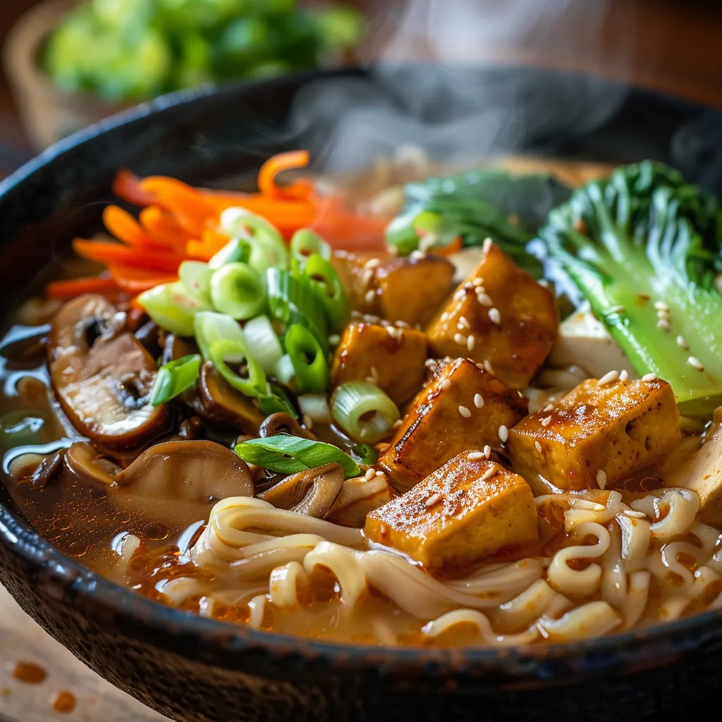 A detailed shot of Vegan Spicy Miso Ramen featuring ramen noodles, mushrooms, and green onions.