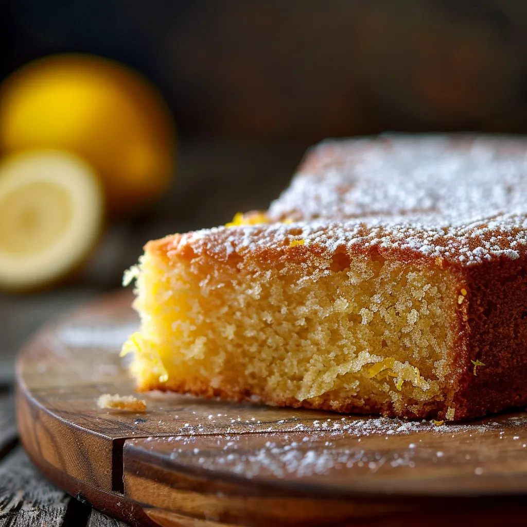 Delicious slice of lemon cake, showcasing moist texture and vibrant lemon color against a blurred background.