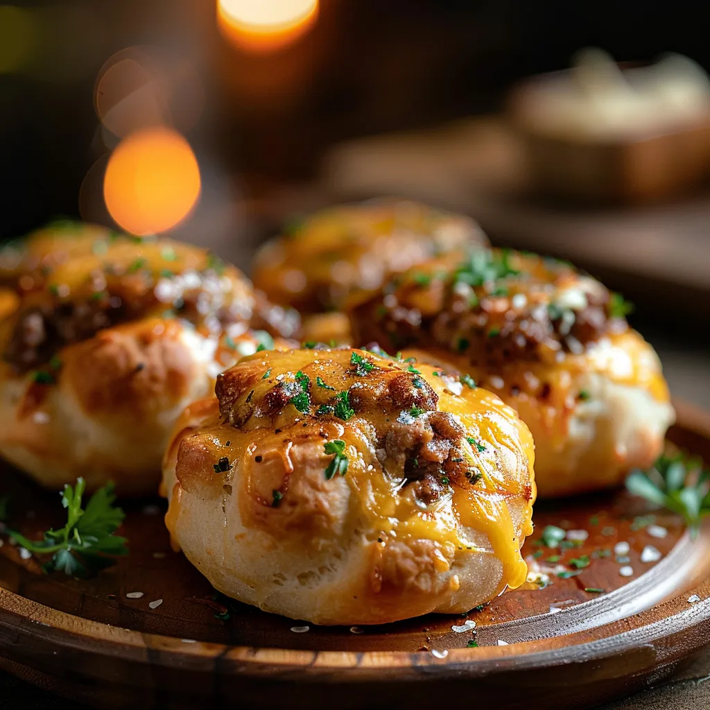 A delicious Garlic Parmesan Cheeseburger Bomb presented on a rustic surface, showcasing a gooey cheese filling.