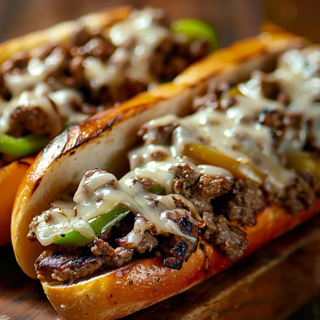 A delicious Ground Beef Philly Cheesesteak featuring sliced onions and green peppers on a hoagie roll.