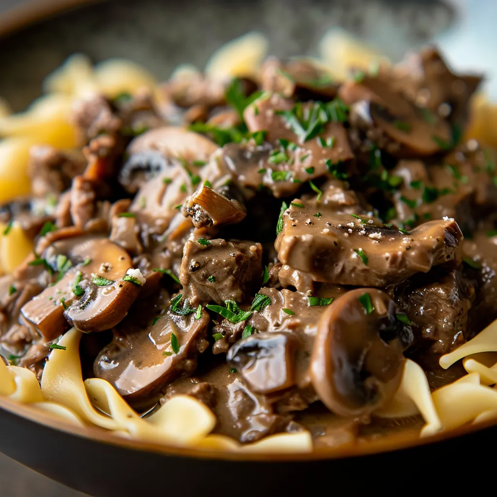 Detailed view of delicious Beef Stroganoff topped with parsley, served over egg noodles on a rustic table.