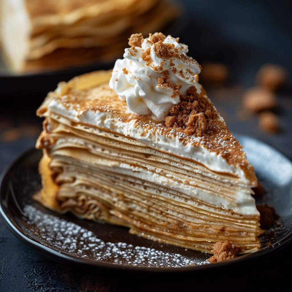 Eye-level view of a crêpe cake showcasing vanilla cream and speculoos layers.