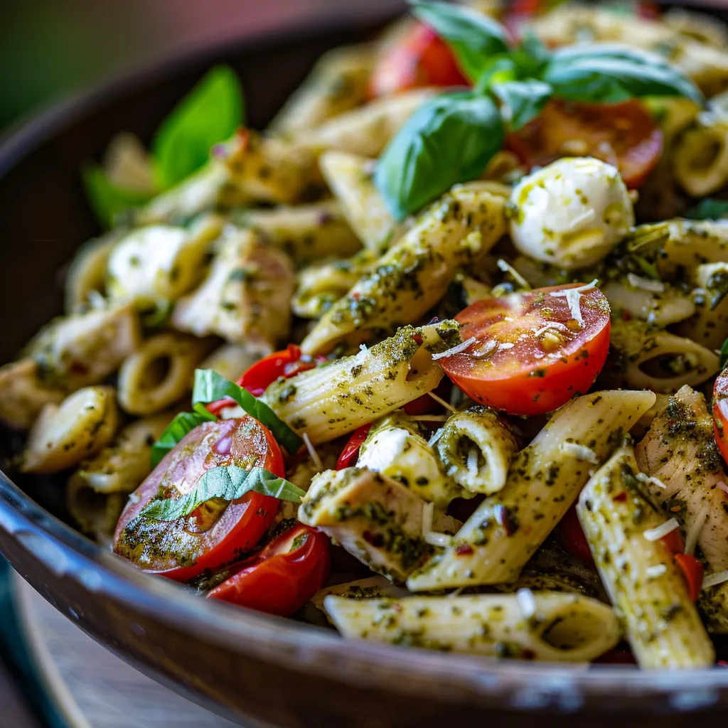 Delicious Chicken Pesto Pasta Salad featuring vibrant ingredients, captured from an eye-level angle.