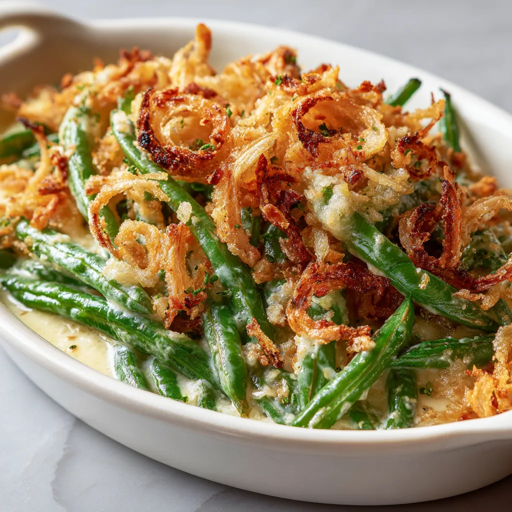 Eye-level shot of creamy green bean casserole featuring fresh green beans and cheese, with soft shadows.