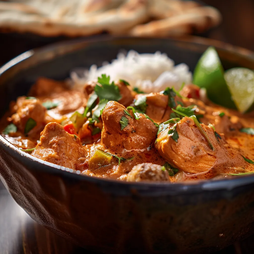 Eye-level image of a steaming bowl of coconut chicken curry, garnished with lime and spices.
