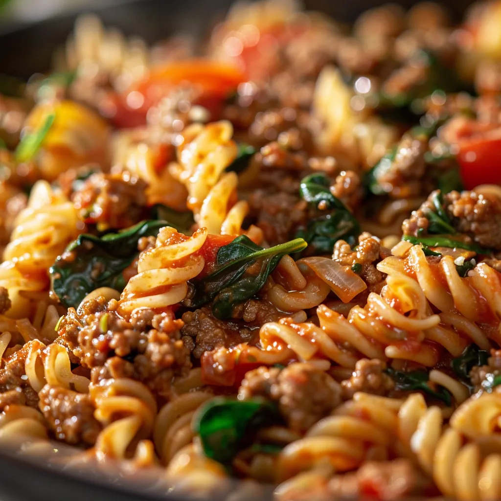 A vibrant serving of One Pan Healthy Ground Beef Pasta, showcasing ground beef and whole wheat pasta.