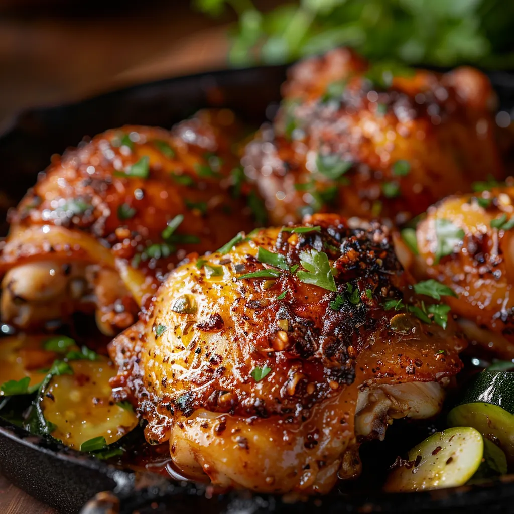 Crispy-skinned Asado Chicken thigh on a plate, accompanied by vibrant lemon zucchini sauté, softly lit.