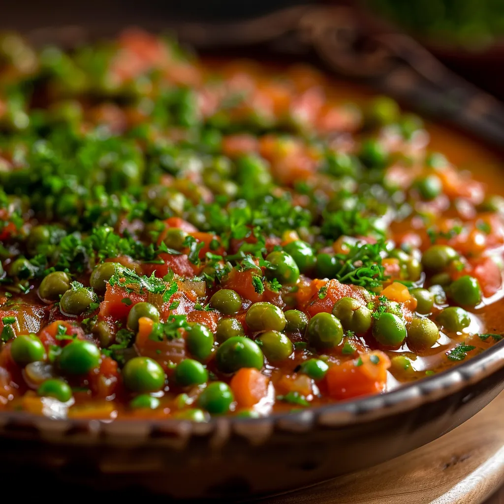 Delicious bowl of Greek Green Peas Stew featuring fresh herbs and vegetables.