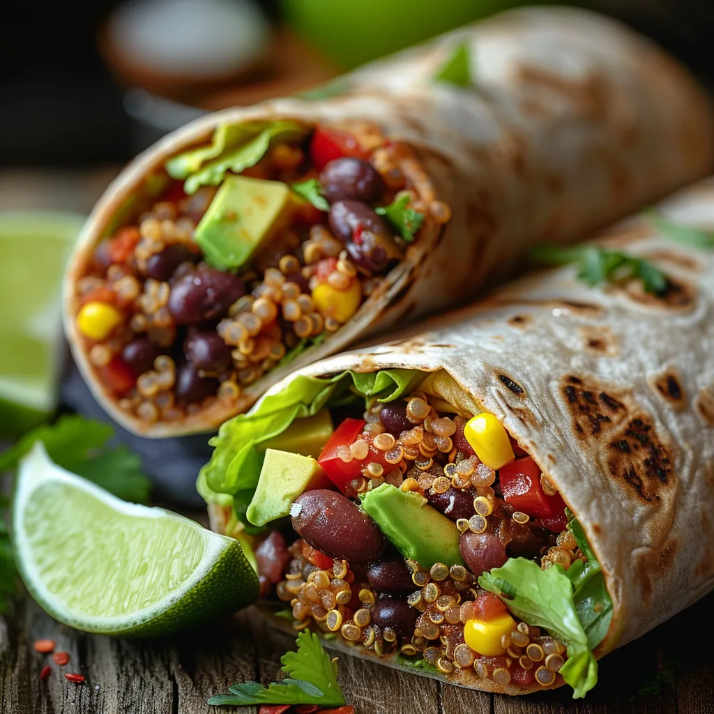 A deliciously styled vegan burrito showing colorful layers of ingredients with warm lighting.
