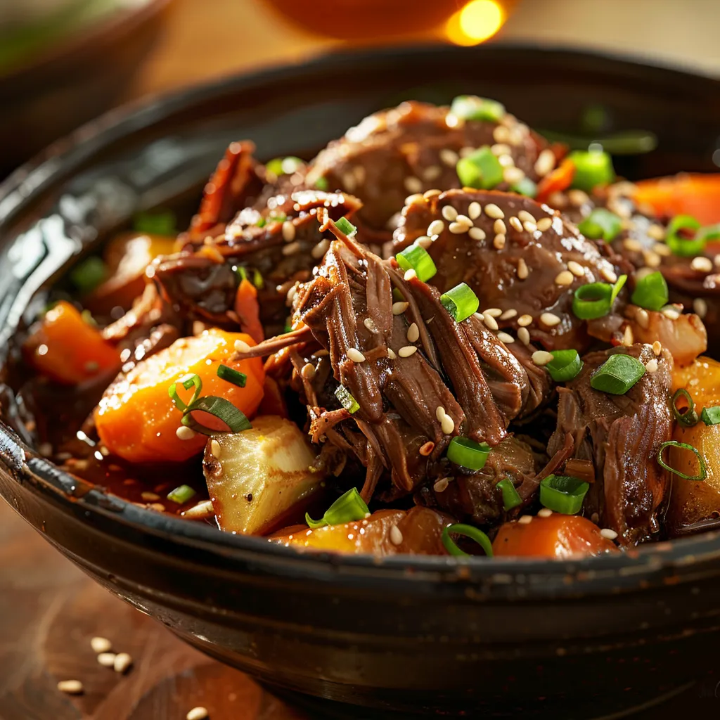 Delicious Korean beef in a crock pot, showcasing rich textures and garnishes, illuminated by warm natural light.