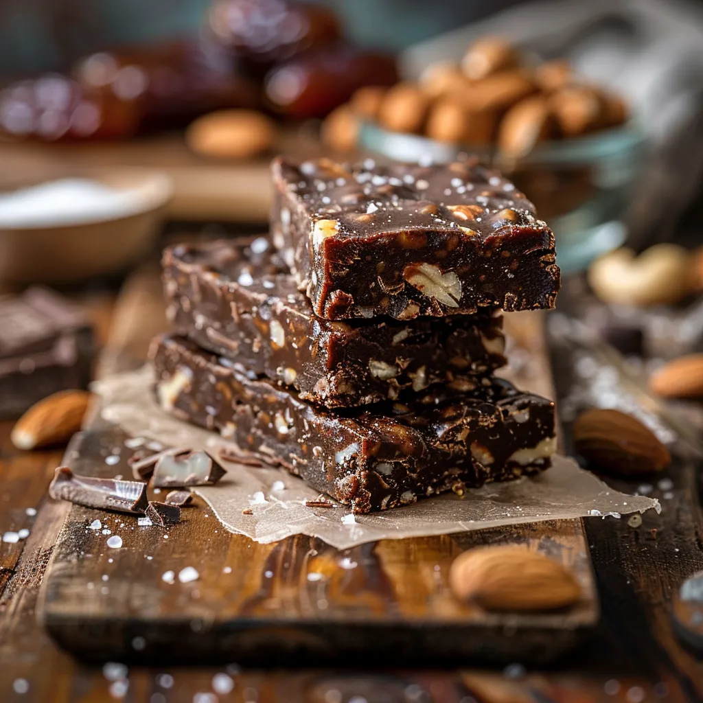 A delicious Dark Chocolate Sea Salt Nut Bar with visible nuts and chocolate, illuminated by soft natural light.
