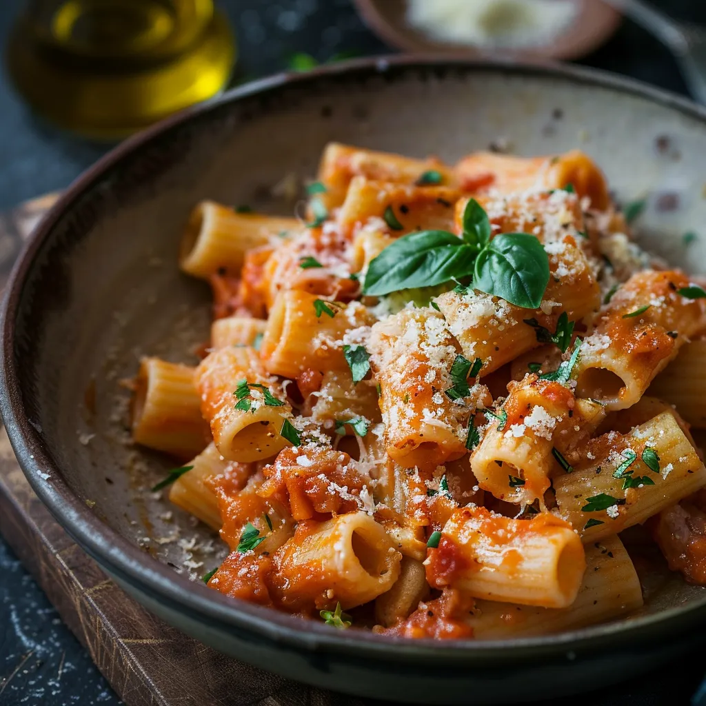 Detailed shot of rigatoni pasta in a rich tomato sauce with a soft focus background.