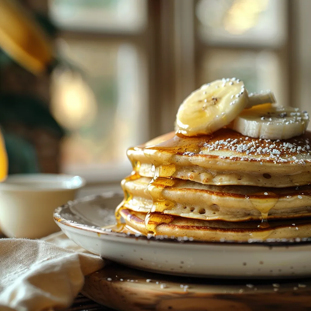 Delicious high protein pancakes with a golden-brown color, garnished with banana and surrounded by warm natural light.