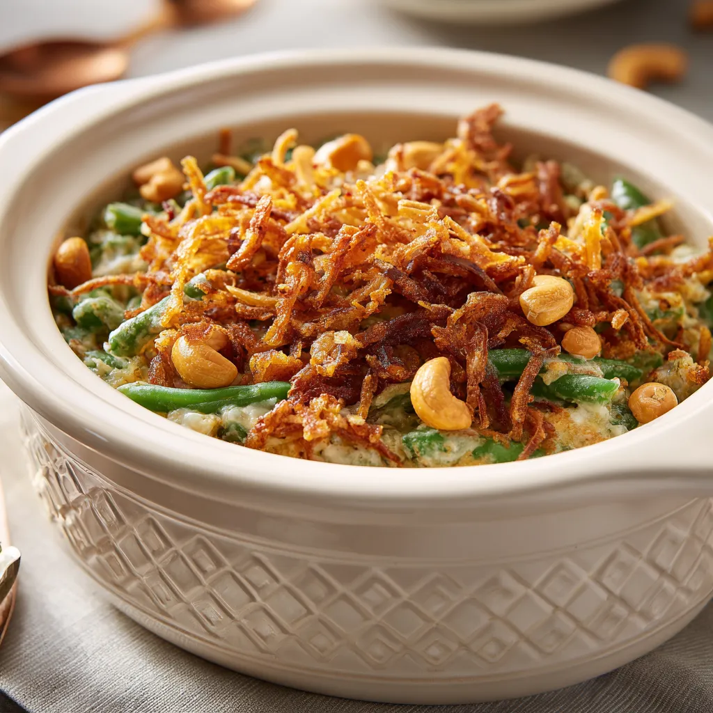 Warm, inviting Crockpot Green Bean Casserole with melted cheese and green beans, set against a cozy background.