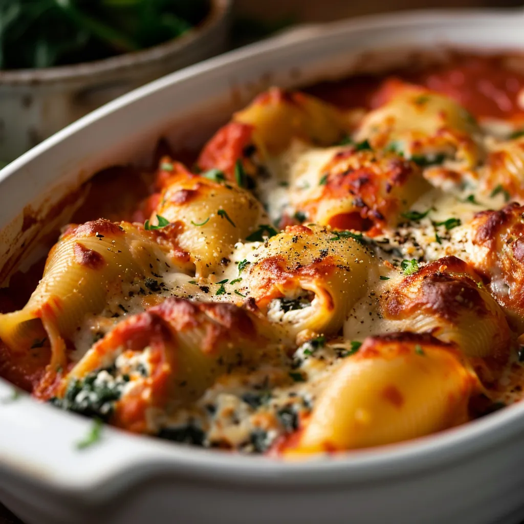 Jumbo pasta shells filled with creamy ricotta and fresh spinach, topped with melted cheese and served in a dish.