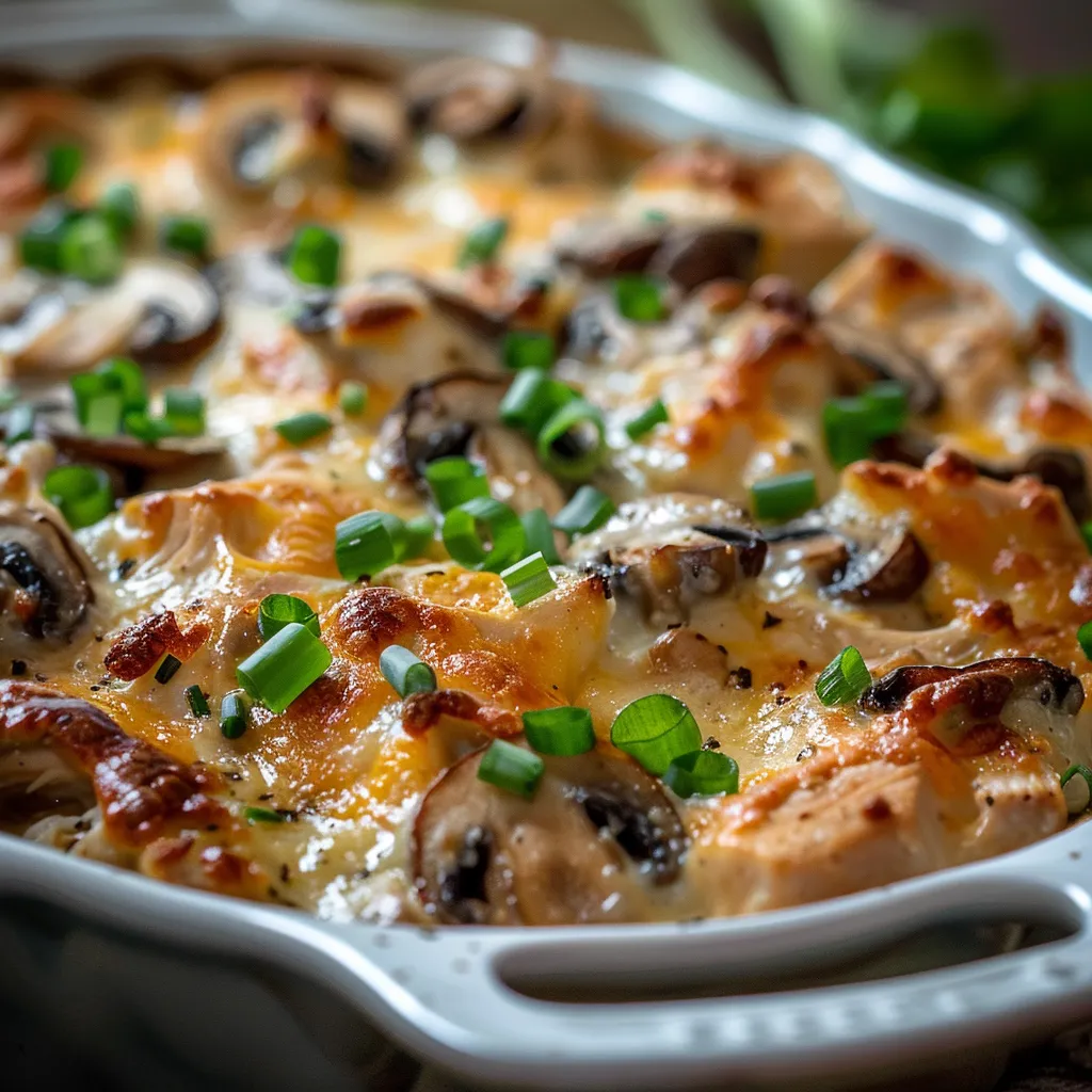 Delicious baked casserole featuring chicken, mushrooms, and cheese in a creamy sauce.