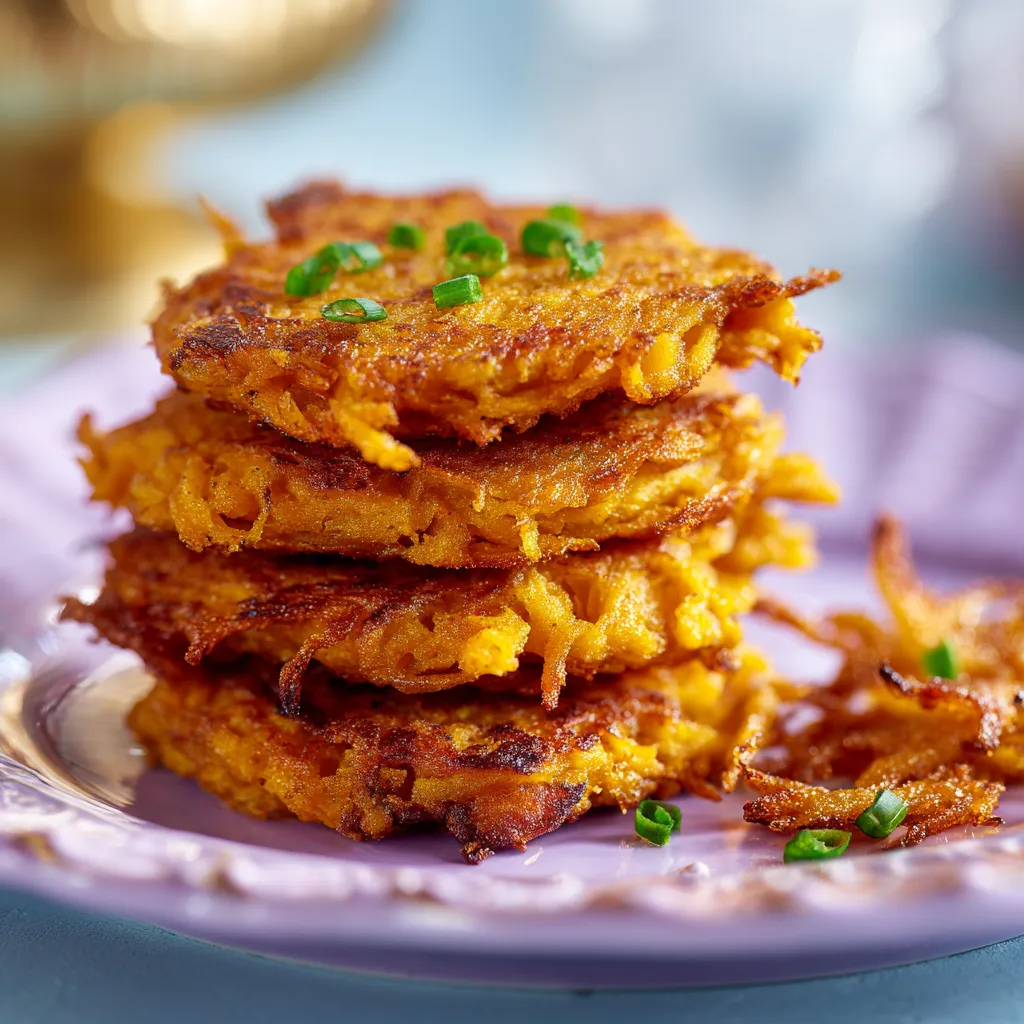 A plate of Healthy Sweet Potato Hash Browns, showcasing a textured surface and a sprinkle of chopped parsley.