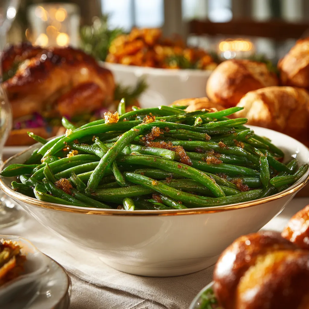 Fresh green beans mixed with cream of mushroom soup and topped with fried onions.