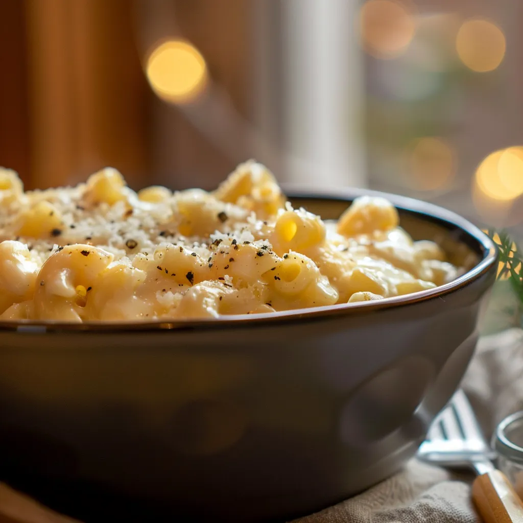 Delicious creamy macaroni and cheese served in a crockpot, showcasing a rich texture.