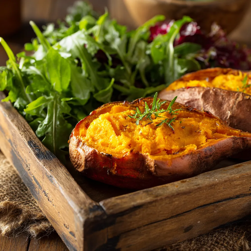 Oven roasted sweet potato halves, beautifully caramelized, displayed on a rustic wooden surface.