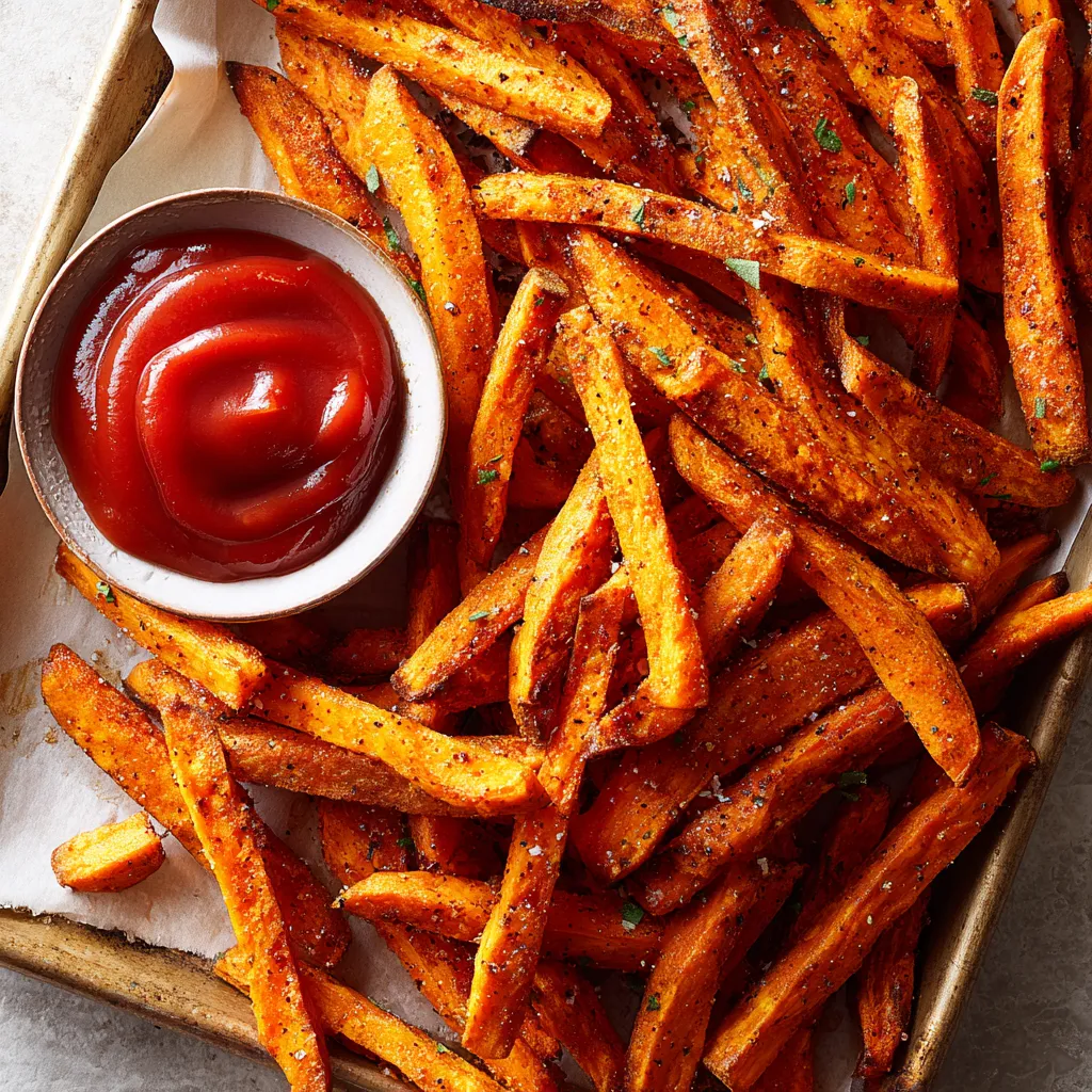 A serving of crispy sweet potato fries with a warm, inviting background and soft shadows.
