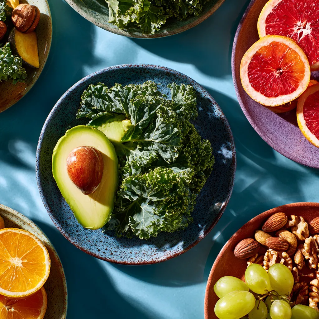 A beautifully arranged salad with leafy greens, tomatoes, cucumbers, and walnuts, set against a softly blurred background.