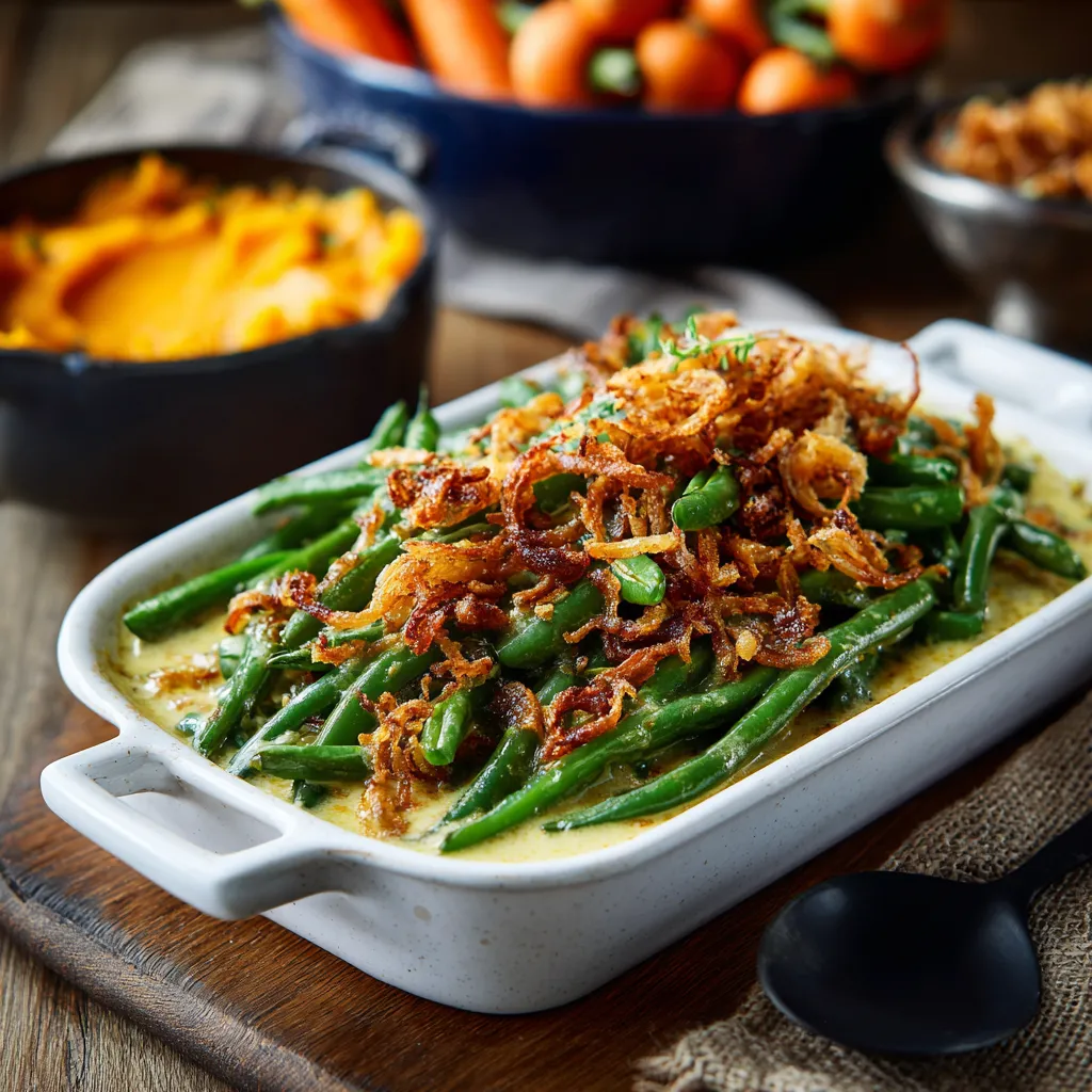 Warm, inviting green bean casserole in a baking dish, showcasing its rich texture.