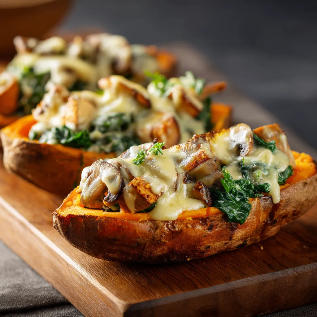 A deliciously plated sweet potato, overflowing with a creamy mushroom and spinach mixture, in warm lighting.