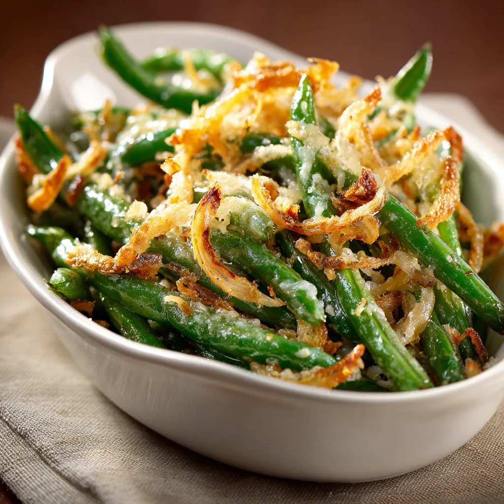 Detailed shot of a green bean casserole with golden onion topping, showcasing its texture.