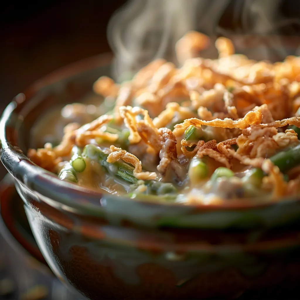 A warm and inviting bowl of green bean casserole, showcasing its creamy texture and golden toppings.