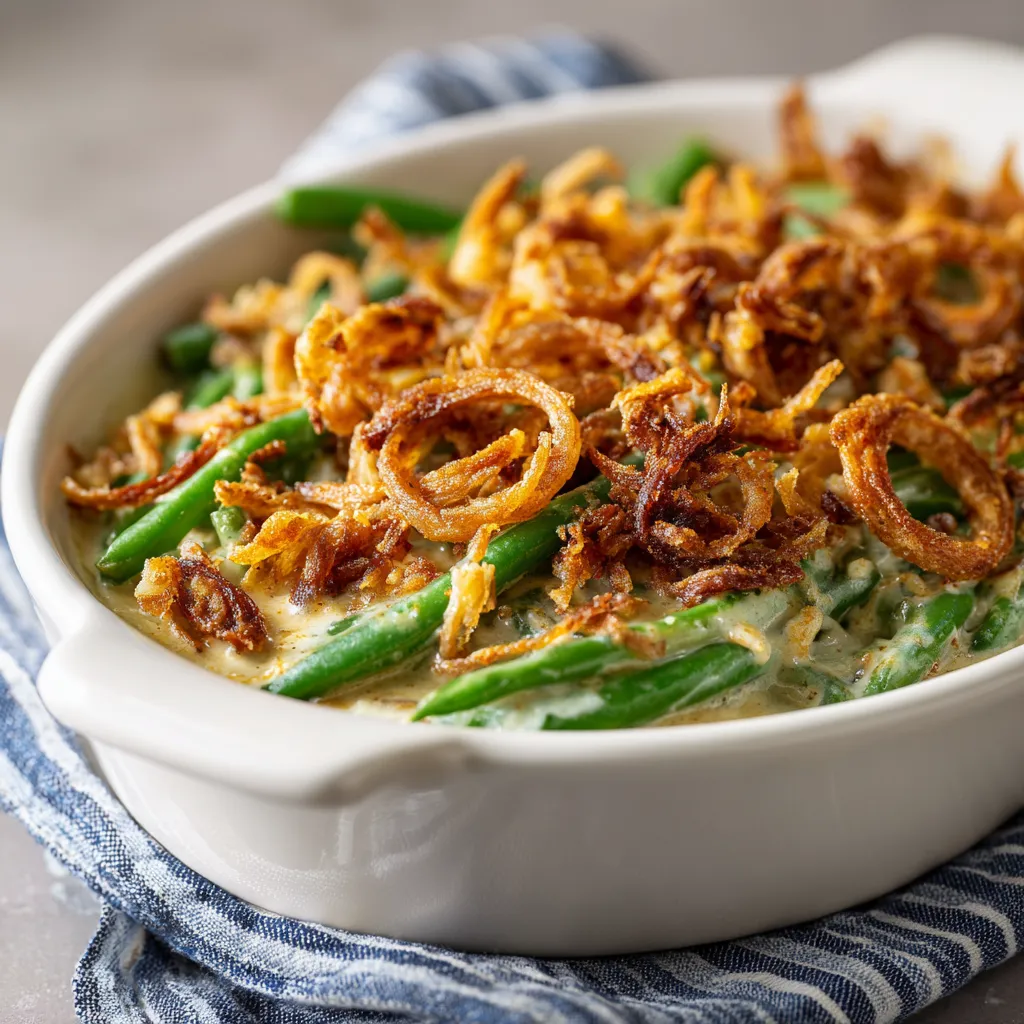 A warm green bean casserole with creamy texture and cheese, served in a dish.