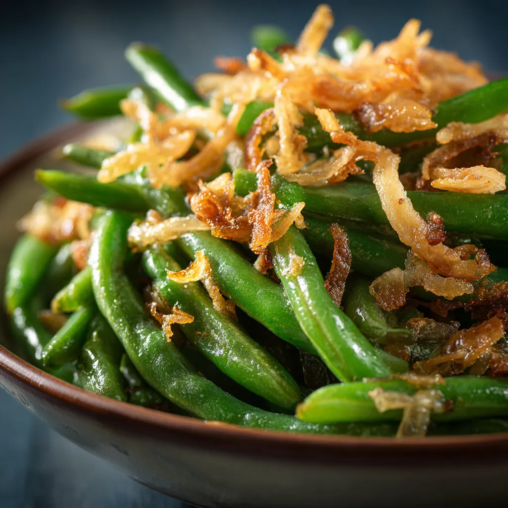 A delicious serving of green bean casserole, featuring gooey cheese and crispy fried onions in a warm setting.