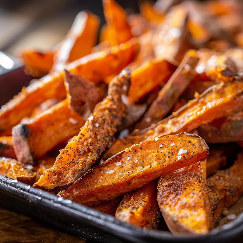Oven-baked sweet potato fries arranged artfully, showcasing their golden-brown texture and crispy edges.