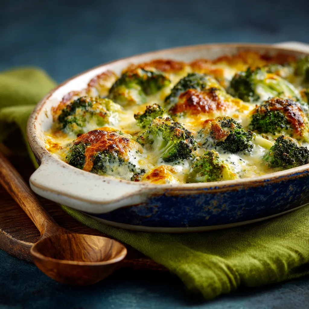 Eye-level view of a creamy Broccoli Cheese Rice Casserole in a dish, highlighting the melted cheese and tender broccoli.