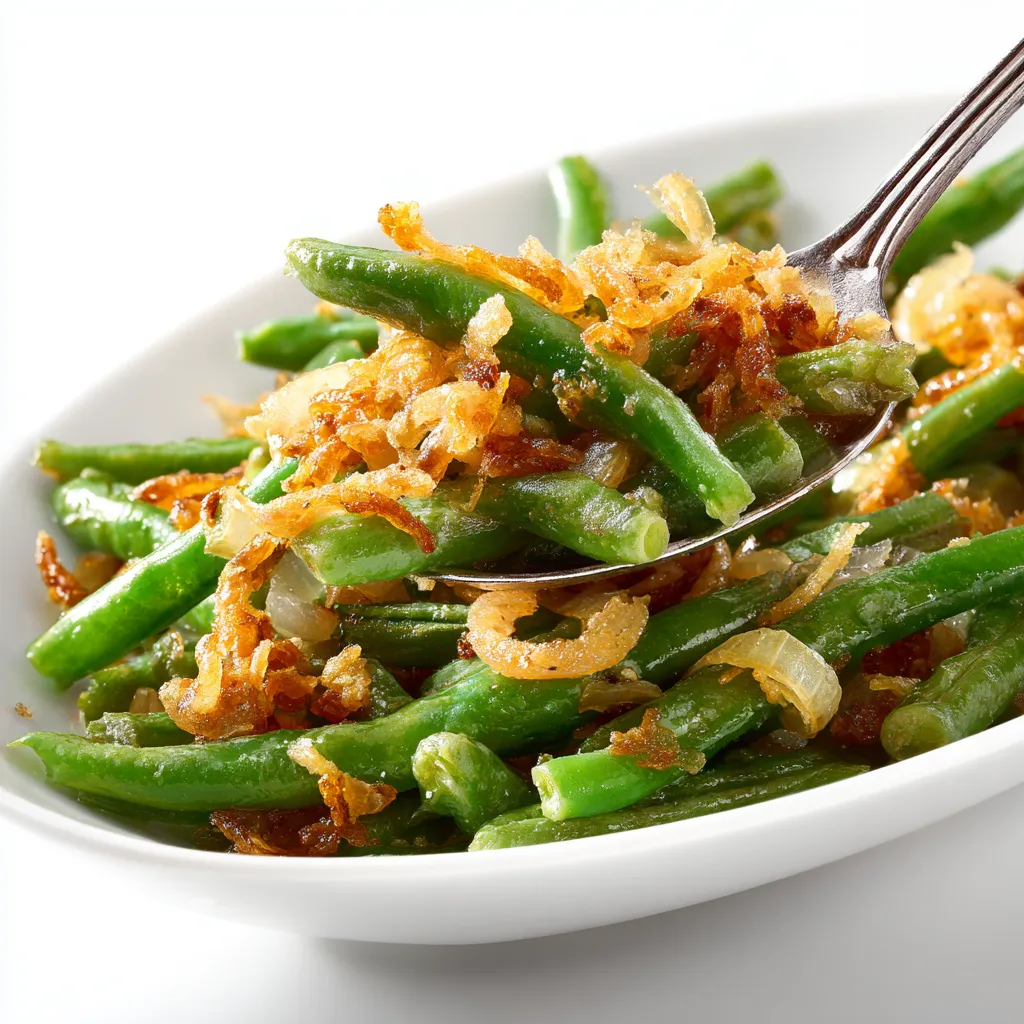 A delicious slow cooker green bean casserole featuring green beans, cheddar cheese, and fried onions in a warm setting.