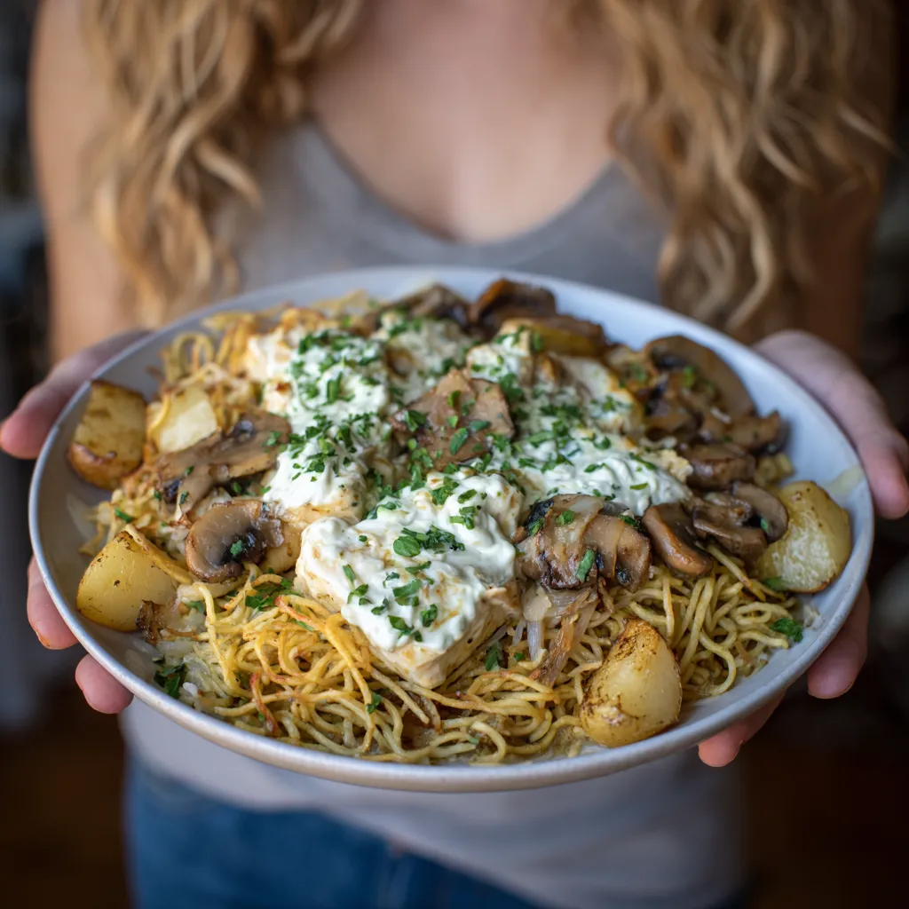 Delicious green bean casserole with melted cheddar and golden toppings on a rustic table.