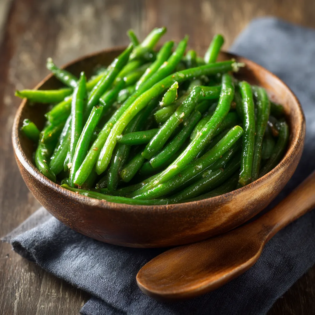 Deliciously cooked green beans with onions and garlic displayed in a cozy kitchen setting.